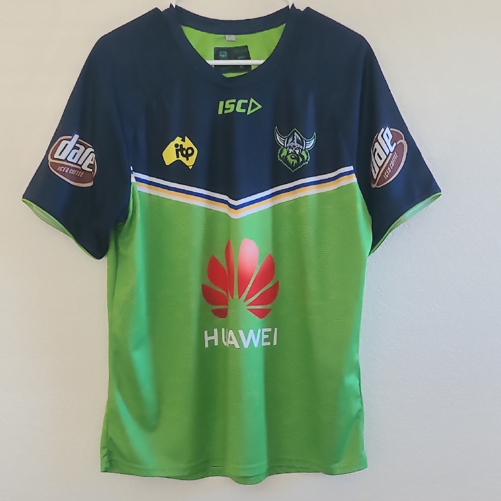 Canbera Raiders Rugby Training Shirt Green and Navy Sport Jersey, XL